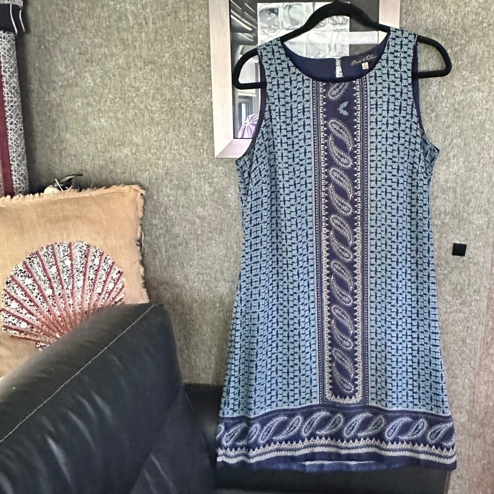 Rose & Olive Navy Blue Paisley Medallion Shift Dress Sleeveless Size 10 Boho